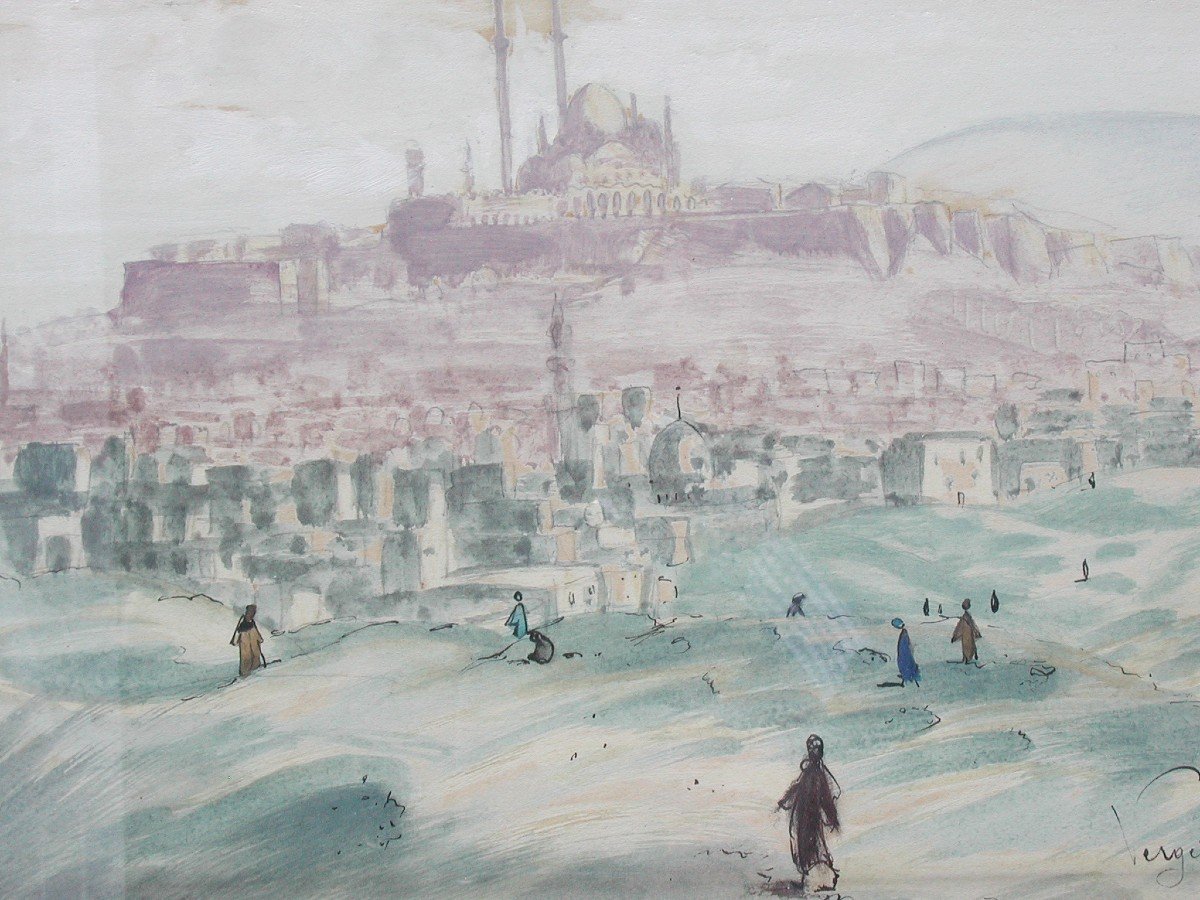 Henri Verge Sarrat  "cairo, The Citadel" 1930 Watercolor 30x41-photo-3